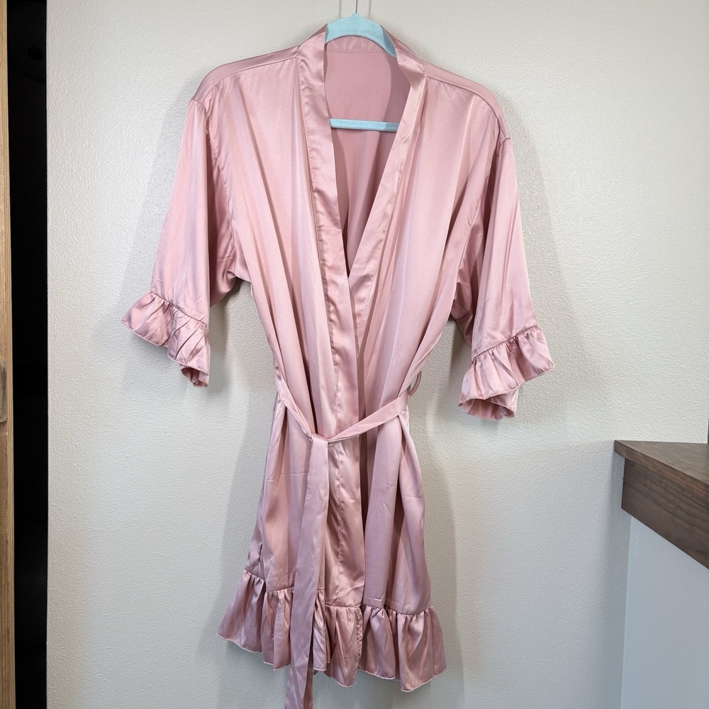 Satin Robe Event Blossom Flounce Ruffle Sleeves Hem Accents Women's M/L